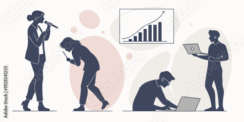 People working hard on their computers and analyzing data in a modern office setting Vector