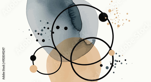 Minimalist Abstract Art Geometric Circles Intersecting Sepia and Gray Watercolor Splashes with Speckled Texture