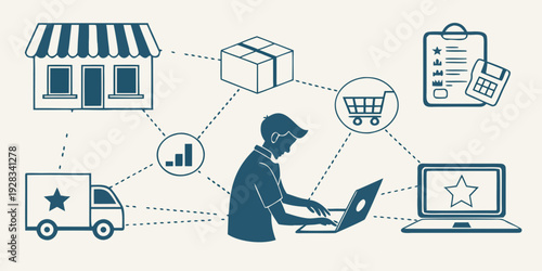 Illustration of a person managing various aspects of an online business. Vector