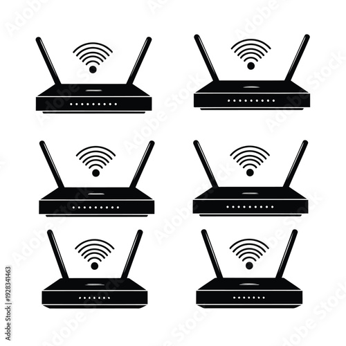 Multiple WiFi routers with antennas emitting wireless signals in a grid pattern