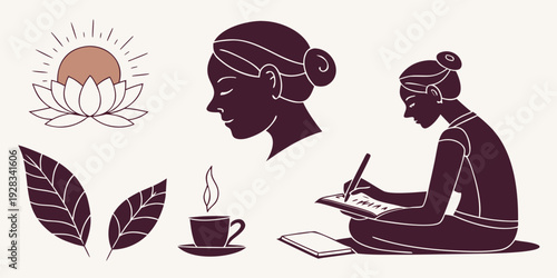 Woman enjoying a peaceful moment with tea and a book surrounded by nature. Vector