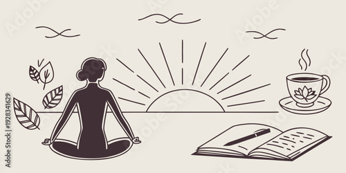Person meditating in front of a rising sun with birds and plants around Vector