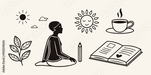 A person meditating peacefully surrounded by symbols of relaxation and nature Vector