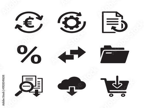 Powerful conversion icons set with dynamic sales funnel silhouette designs