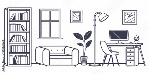 A cozy home office setup with a desk, chair, and various decorative elements Vector