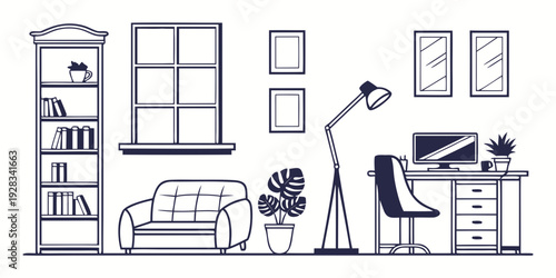 A cozy home office with a desk, chair, and various decorative elements. Vector