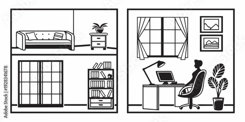 A comparison of a living room and a home office setup with a person working. Vector