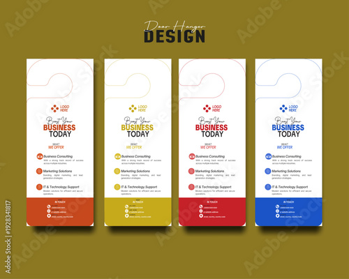 Business door hanger template set. Versatile marketing flyer design for lead generation and consulting services. Professional 4-color layout, print-ready vector for corporate branding.