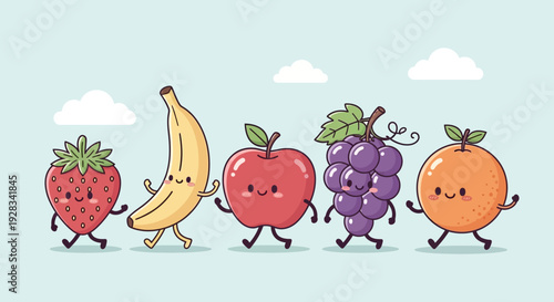 Cartoon fruits walking together in a happy line.