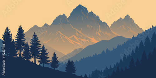 Majestic mountains at sunrise with a serene forest in the foreground Vector