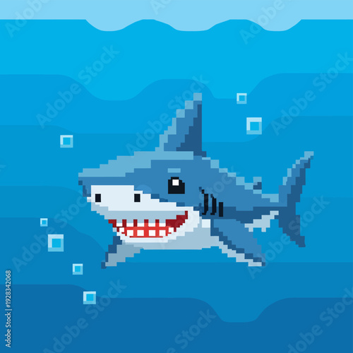 Pixel Art Shark Swimming Underwater Scene.