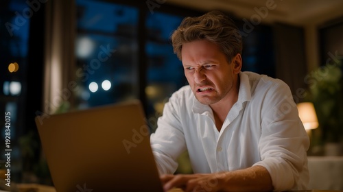 Person angrily writing hateful comments on social media at night with glowing screen, ideal for wrath sin concept, online anger, cyberbullying awareness, digital behavior, modern psychology,