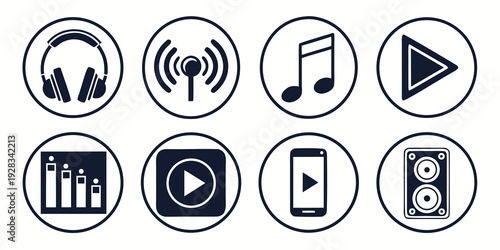 A collection of various media player icons representing different functionalities. Vector