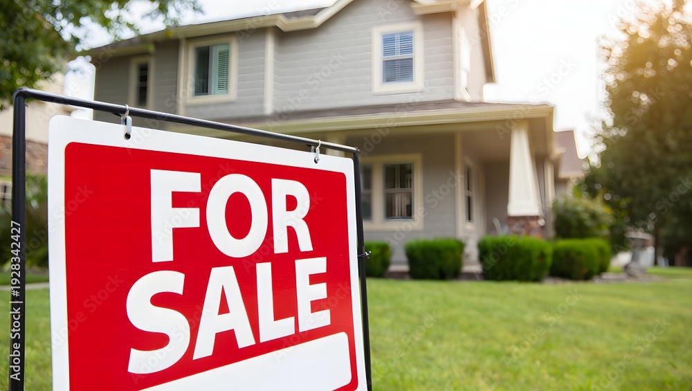 Fototapeta premium A classic suburban home with a vibrant for sale sign in front