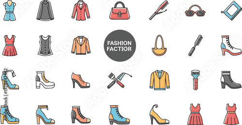 Collection of colorful fashion icons and accessories for design projects available