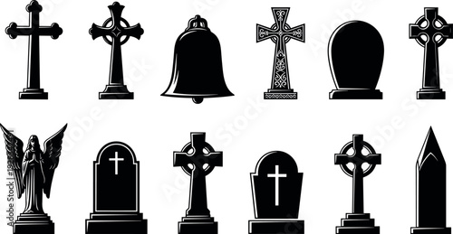 Cemetery gravestone and tombstone icons set, black Christian cross and angel silhouette vector illustration, funeral memorial and religious monument graphics.