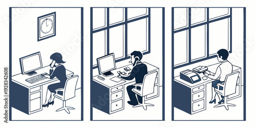 A person working on a computer in three different lighting conditions. Vector