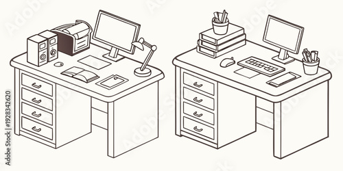 Two people working diligently at their desks with computers and paperwork Vector