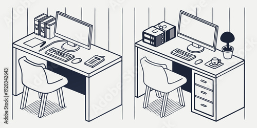 Two people working at their desks in separate home offices with various office supplies. Vector