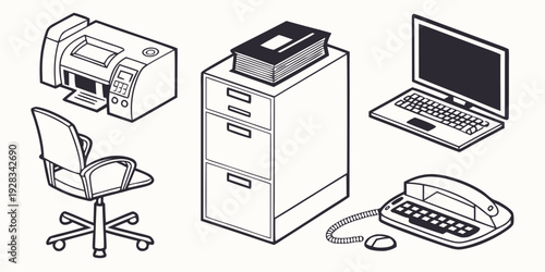 A variety of office equipment including a printer, laptop, and desk accessories Vector