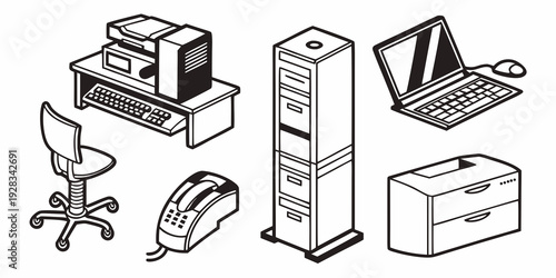 A diverse collection of electronic devices and office equipment Vector