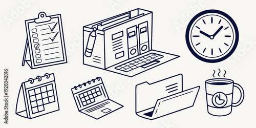 A variety of office supplies and tools arranged on a desk. Vector