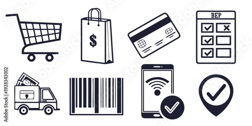 Illustration of various icons representing online shopping and payment methods Vector