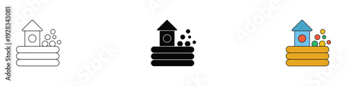 Inflatable ball pit and playhouse icon set. Kids playground equipment for nursery, amusement park, and family fun design. Vector Illustration.