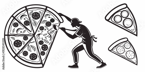 A man struggles to push a large pizza wheel uphill while smaller pizzas chase him. Vector
