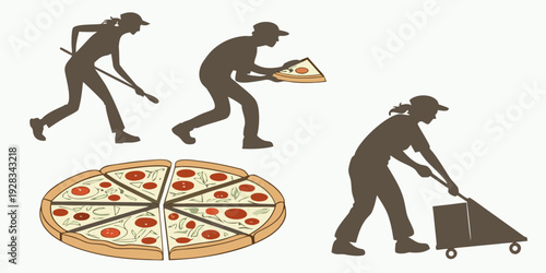 Evolution of humans depicted through their interaction with pizza Vector
