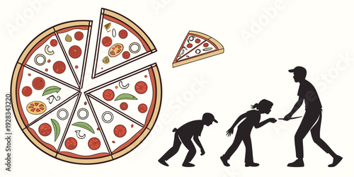 Ancient humans enjoying a modern pizza with a slice missing. Vector