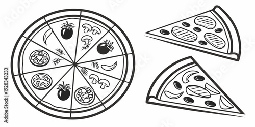 A delicious pizza with various toppings and a slice of pizza on the side Vector