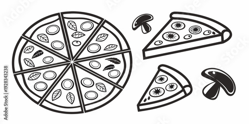 A delicious pizza with various toppings and a slice cut out. Vector