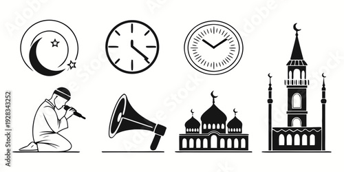 A collection of clocks, a telescope, and a church tower Vector
