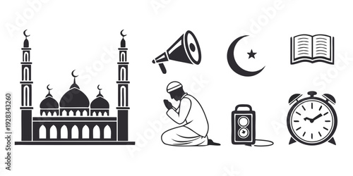 A serene scene of a mosque with a crescent moon and star, prayer symbols, and a clock. Vector