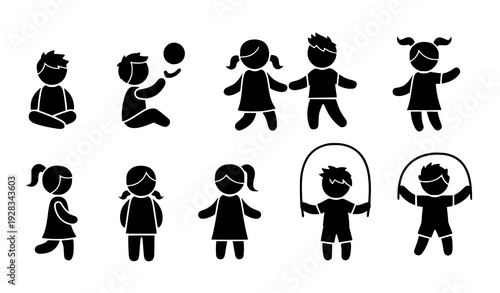 Minimal Children Playing Silhouette Icon Set Kids Activity Vector On White