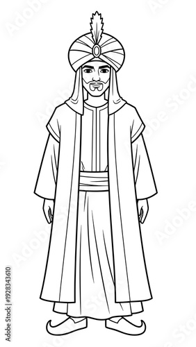 Coloring page of a man in traditional attire wearing a turban and robe