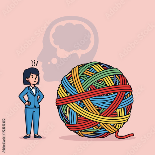 Woman Standing Next to Ball of Yarn.