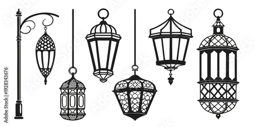 A collection of vintage street lamps and lanterns in various designs and styles Vector