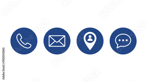 Four blue circular icons representing communication methods phone, email, location, and chat, for contact information