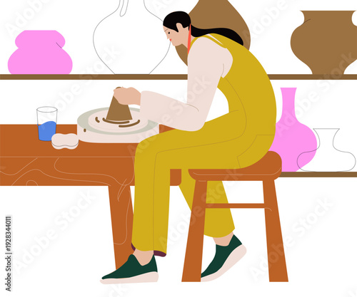 Young woman shaping a clay pot on a potter’s wheel in a cozy workshop. Creative handmade craft process, artisan lifestyle and small business concept