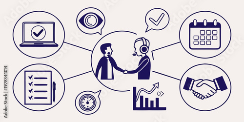 Professional woman surrounded by icons representing various business tasks and achievements. Vector