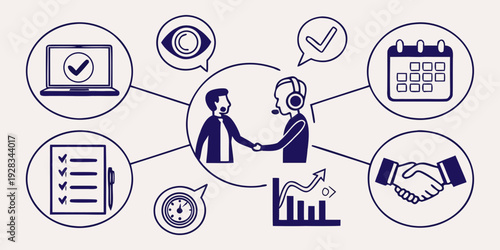 Professional illustrating the interconnected aspects of business management and operations. Vector