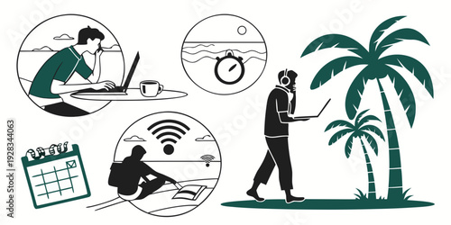 A person standing in front of a palm tree with various icons around them. Vector