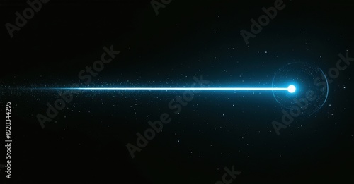 Bright blue line extends across dark space. Tiny particles surround glowing central point, creating dynamic visual effect.