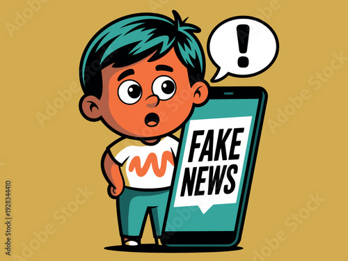 Cartoon boy shocked by fake news on smartphone screen with exclamation mark