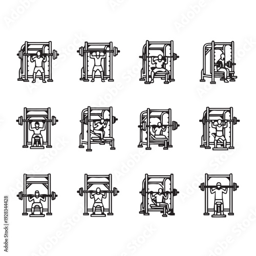 Weightlifting Exercises Icons Set Smith Machine Workout Variations Fitness Training