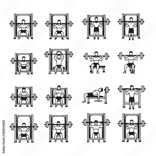 Weightlifting Exercises Icons Set: Squat Bench Press Shoulder Press Deadlift Fitness Icons