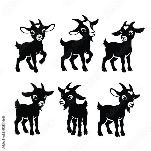 Illustration of six black goats in various poses against a plain white background from different viewpoints
