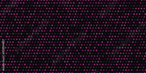 Abstract purple dotted pattern on black background. Glowing magenta halftone circles for night club, technology, and disco party design. Vector Illustration.
